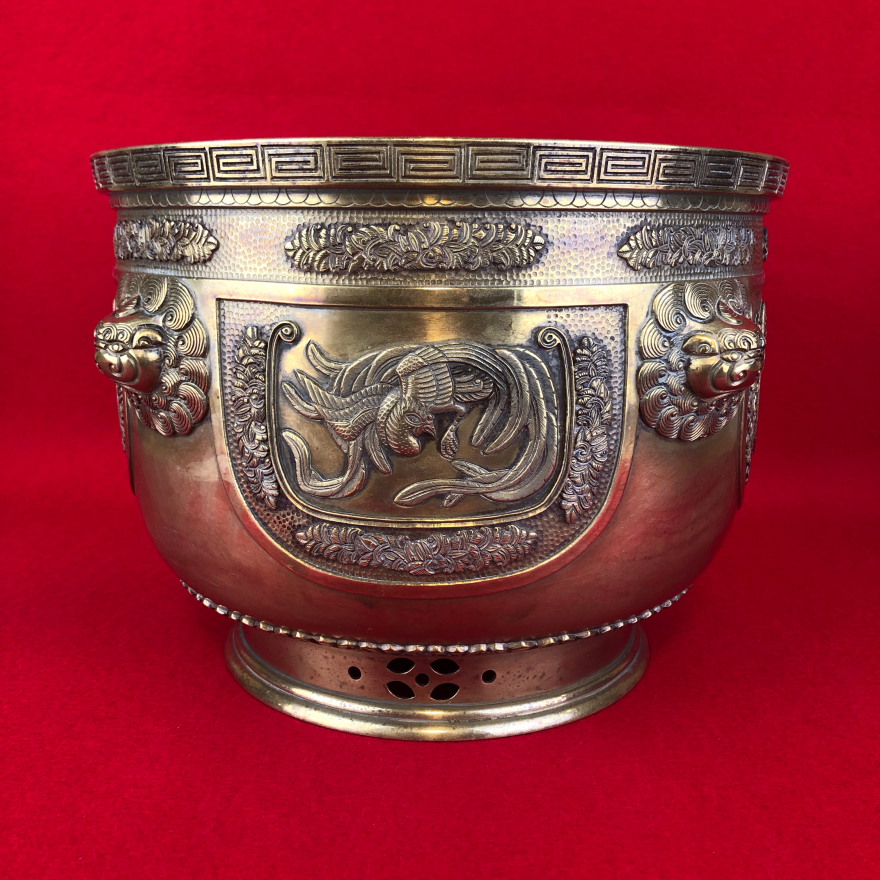 伝々】dg616 金谷五郎三郎 作 宣徳銅 四神彫 黄銅火鉢 共箱