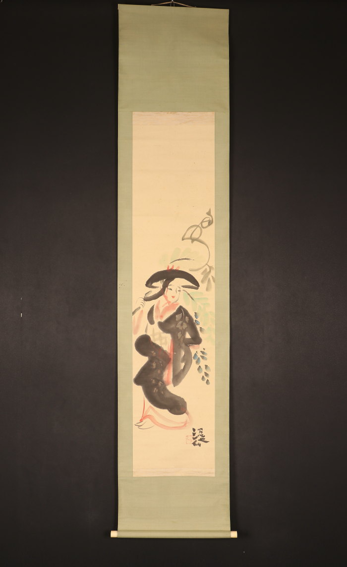 模写】【伝来】cj3365〈富田渓仙〉藤娘図 美人画 共箱 都路華香師事