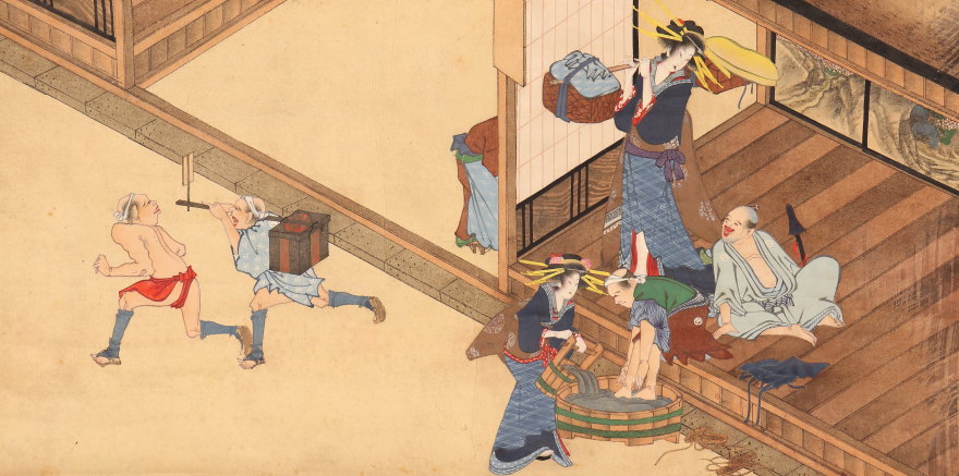 1円開始】【伝来】ek1339 浮世絵 花魁飛脚図 刺繍表具 無落款