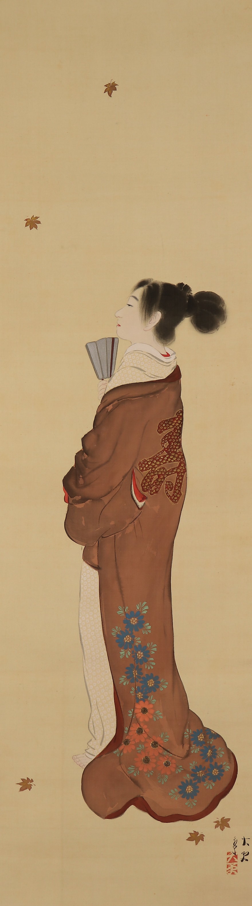 掛軸＜岡本大更＞手鏡に化粧美人図「紅」（HP1442） 真作】【伝来_弐】hp1442〈岡本大更〉手鏡に化粧美人図「紅」共箱 独学